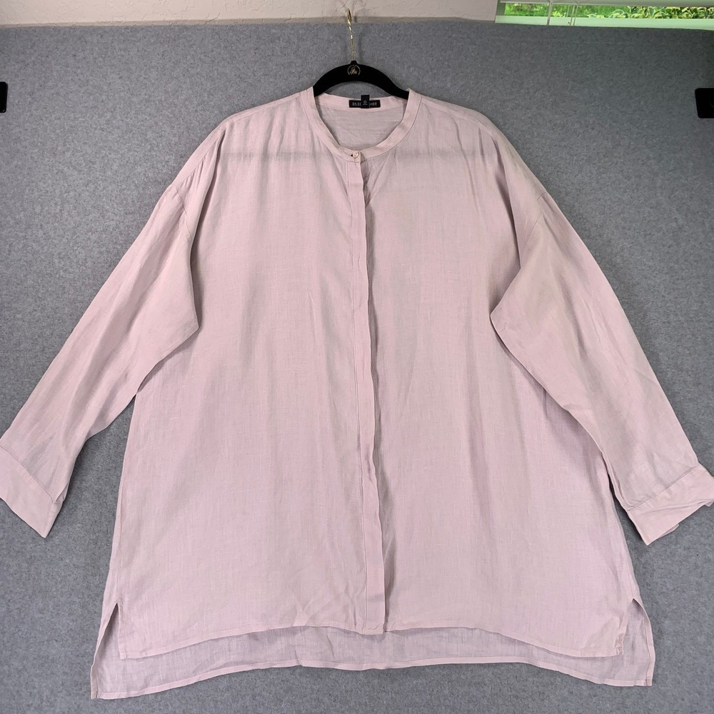 Eileen Fisher Organic Linen Tunic Shirt Blouse Women's L Pink Band Collar